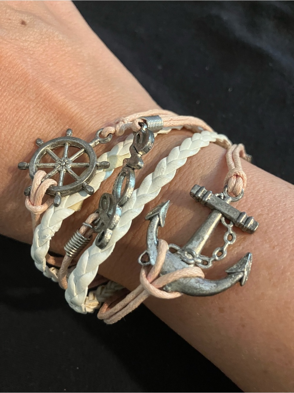 Anchor & Wheel Multi-Strand Bracelet in White and Light Pink